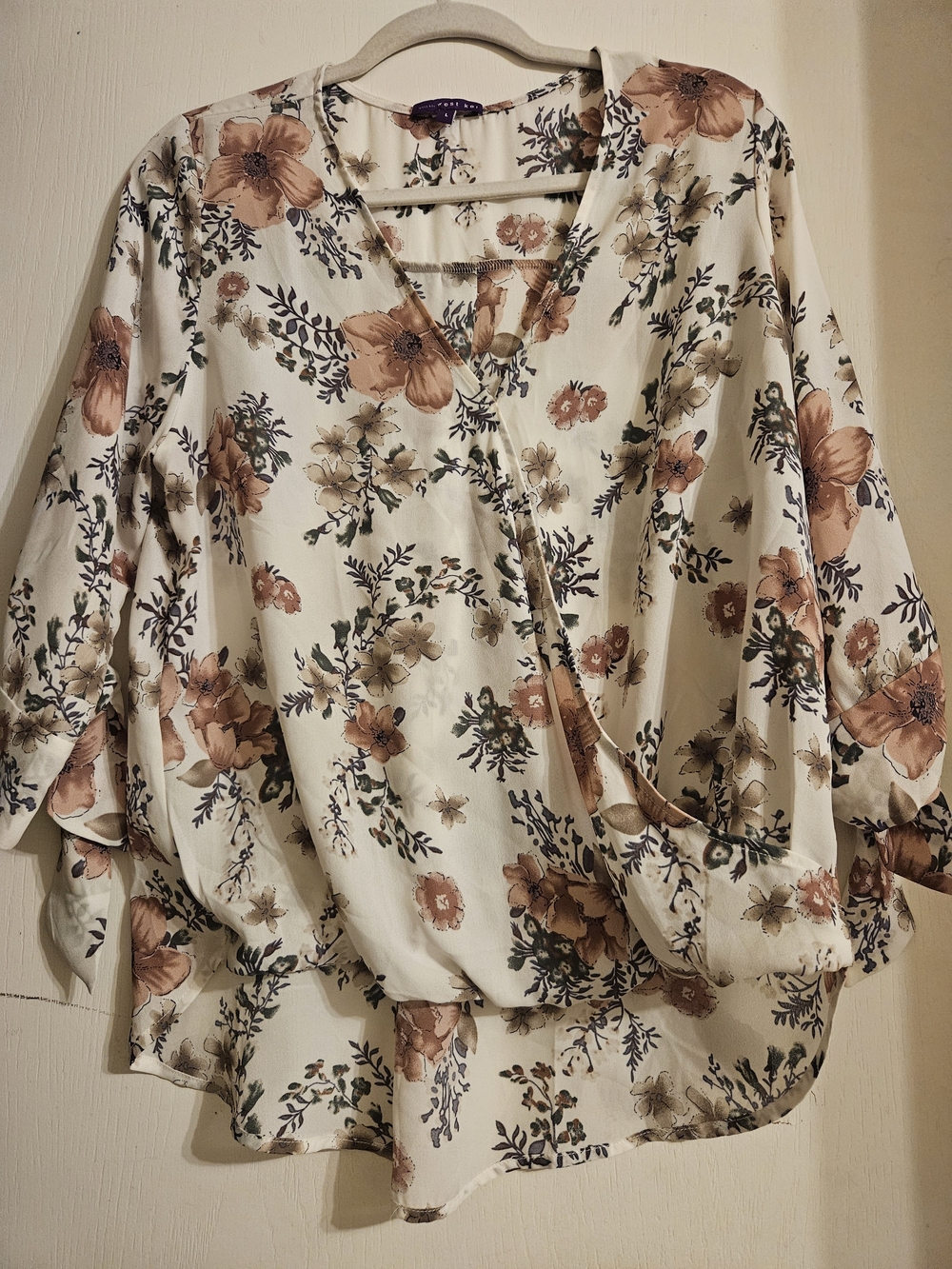 West Kei Large Floral Surplice High Low Blouse 3/4 Sleeve